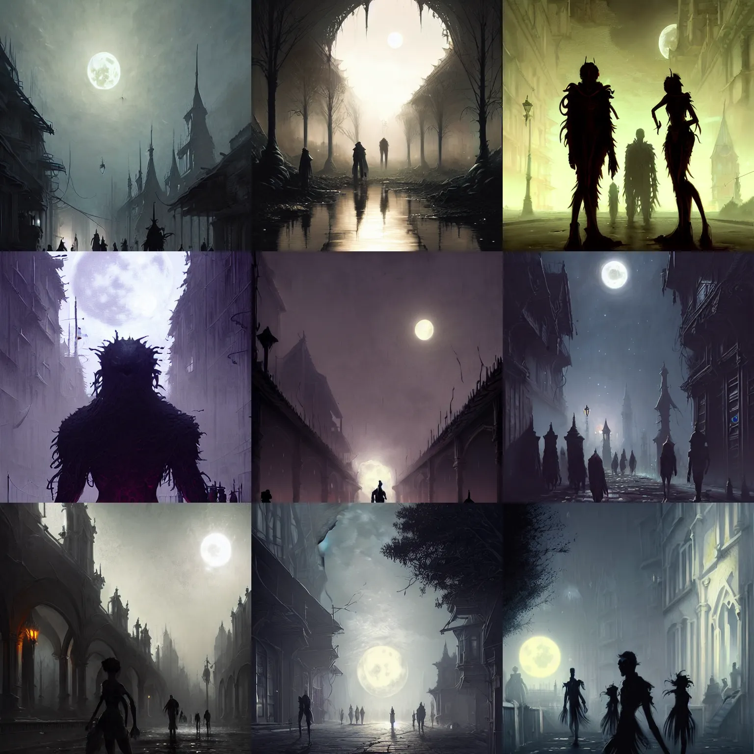 Prompt: creepy silhouettes of humans in the alleys of Divinity's Reach under a full moon, highly detailed, digital painting, fantasy, concept art, art by Greg Rutkowski
