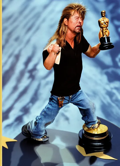 Image similar to a hyper realistic ultra realistic photograph of Joe Dirt winning an oscar, highly detailed, 8k photograph, real