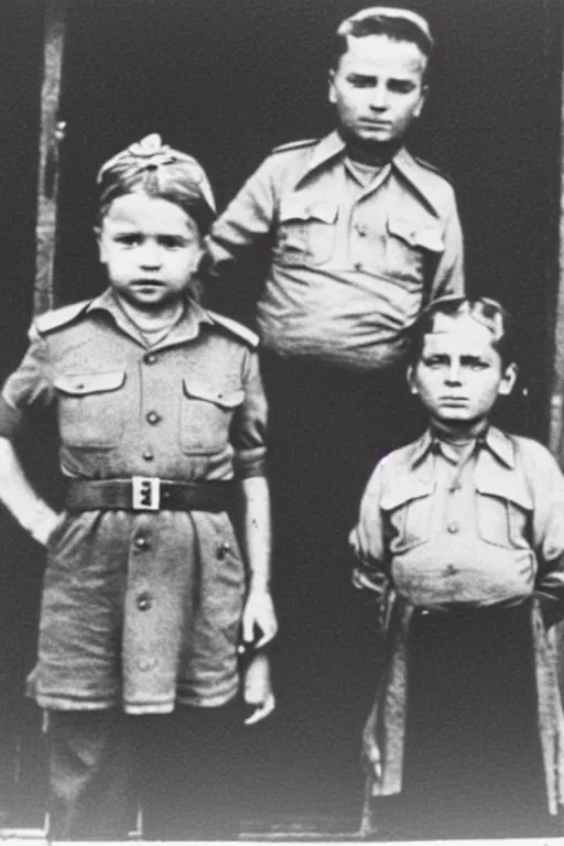 Image similar to children of a stalin and a pig historical photo in color