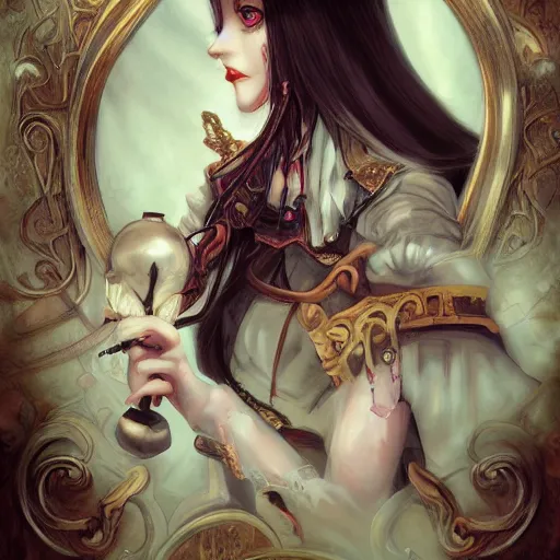 Image similar to portrait of alice, alice madness returns, baroque style, elegant, beautiful, mesmerizing, concept art, fancy clothing, highly detailed, artstation, behance, deviantart, inspired by innocent manga, inspired by castlevania concept art, trending, ayami kojima, shinichi sakamoto