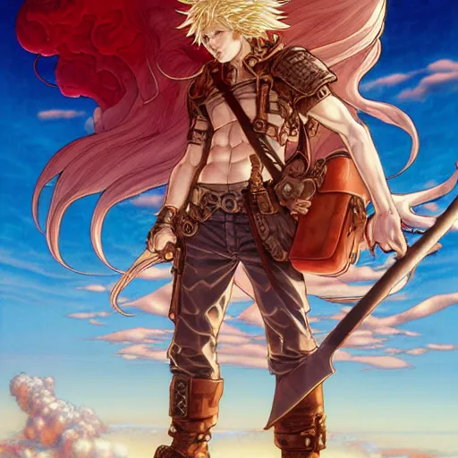 Image similar to prompt : ragnarok online portrait soft light painted by james jean and katsuhiro otomo and erik jones, inspired by akira anime, epic fantasy of a long haired, red headed male sky - pirate in front of an airship, intricate oil painting, high detail illustration, sharp high detail, manga and anime 1 9 9 9