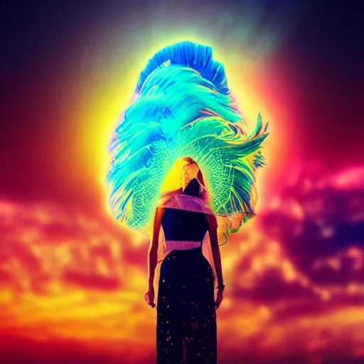 Image similar to a goddess wearing a flamingo fashion up there in sky, sci - fi aesthetics, on fire, photoshop, colossal, creative and cool, giant, digital art, photo manipulation, clouds