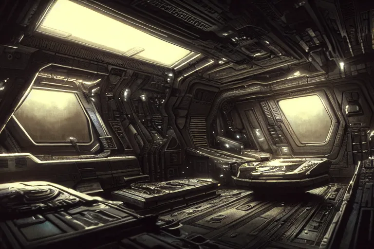 Prompt: Nostromo spaceship interior from Alien by HR Giger, highly detailed intricate interior design, sharp focus, smooth, 4k, octane render, dark ambient lighting, digital painting, artstation