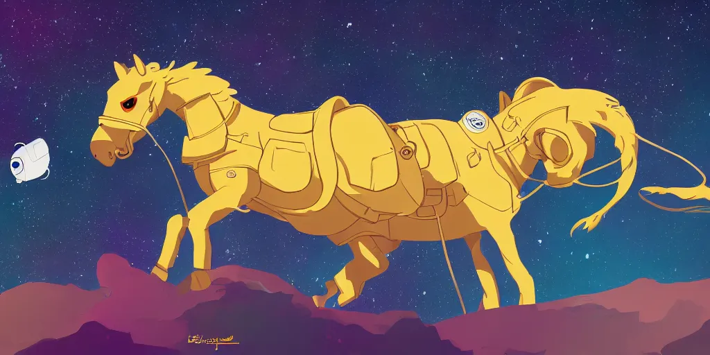 Prompt: a horse wearing a space suit, highly detailed, 4 k, digital art, fan art, trending on artstation, in the style of adventure time