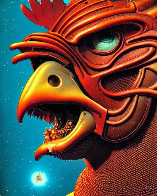 Prompt: rooster, portrait, close up, concept art, intricate details, highly detailed, vintage sci - fi poster, retro future, vintage sci - fi art, in the style of chris foss, rodger dean, moebius, michael whelan, and gustave dore