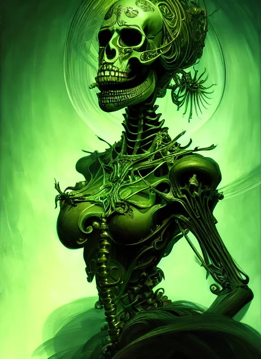 Image similar to closeup portrait shot of the king of the skeletons, glowing green spirits, intricate, elegant, highly detailed, centered, digital painting, artstation, concept art, smooth, sharp focus, warframe, illustration, anders zorn, tomasz alen kopera, peter mohrbacher, donato giancola, leyendecker, boris vallejo