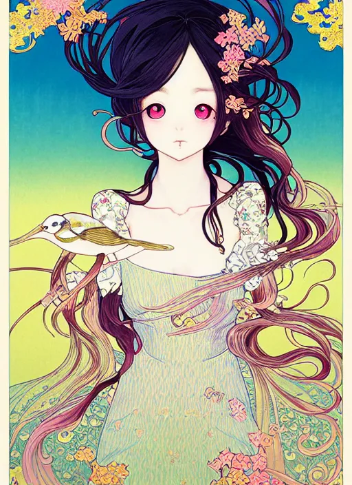 Prompt: exquisite imaginative manga poster of a girl, long wavy hair, birds, rococo dress, shimmering, by kojima ayami, shigenori soejima, minaba hideo, alphonse mucha, jump comics, shogakukan, illustration, artstation, highly detailed, 8 k, fluorescent, maximalist