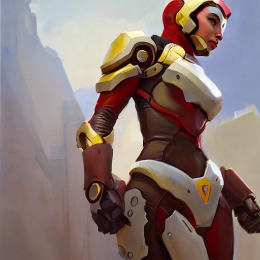 Image similar to greg manchess portrait painting of a female ironman as overwatch character, medium shot, asymmetrical, profile picture, organic painting, sunny day, matte painting, bold shapes, hard edges, street art, trending on artstation, by huang guangjian, gil elvgren, ruan jia, greg rutkowski, gaston bussiere