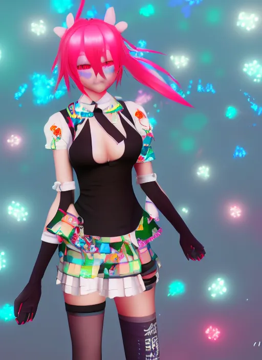 Image similar to anime, vrchat, secondlife, imvu, 3 d model of a girl wearing harajuku colorful clothes, pop colors, kawaii hq render, detailed textures, artstationhd, booth. pm, highly detailed attributes and atmosphere, dim volumetric cinematic lighting, hd, unity unreal engine