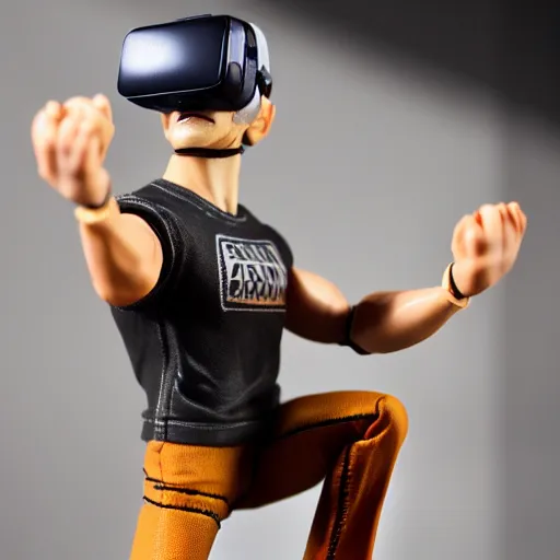 Image similar to action figure of a skinny blonde male wrestler wearing a vr headset and wearing a t - shirt and jeans, high detail, realistic,