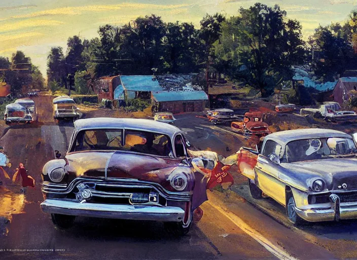 Image similar to concept art small rural town in middle america 1950s hotrods driving down a street , vintage, high detail, golden hour, 8K, by John Berkey