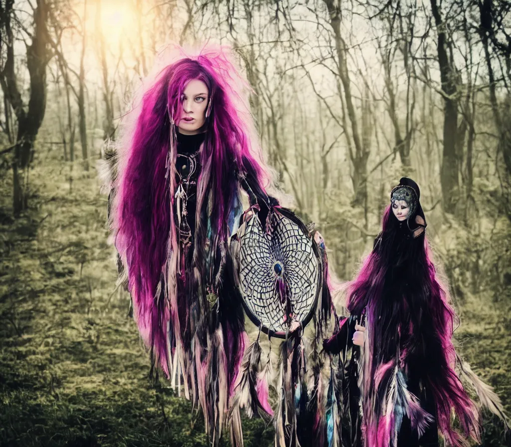 Image similar to realistic photo of a witch - like girl in a black cloack in jeans and with pastel pink hair and hazel eyes standing in woods full of sun beams holding a dreamcatcher and a tarot cards deck in a dreamy style, magical middleground with unicorns and a contemporary cityscape far on the background