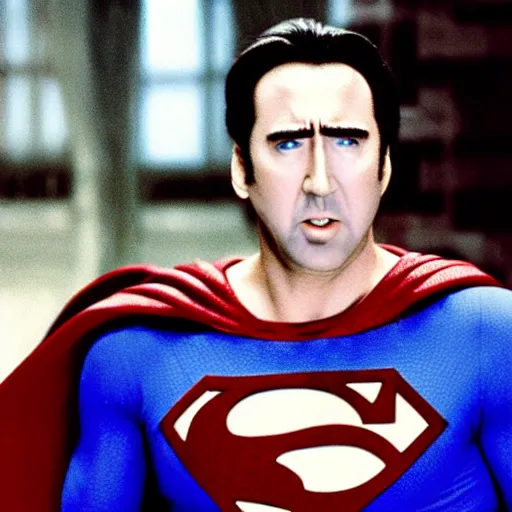 Image similar to film still of Nic Cage as Superman
