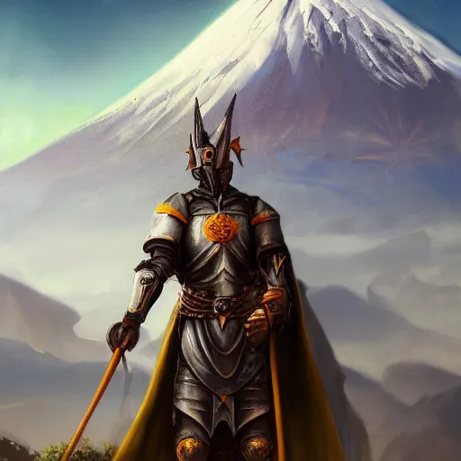 Image similar to realistic portrait of a pale yellow knight in front of mount kilimanjaro, gothic style, festive colors, digital art, trending on artstation, high quality, extreme detail, high quality, hyperdetailed