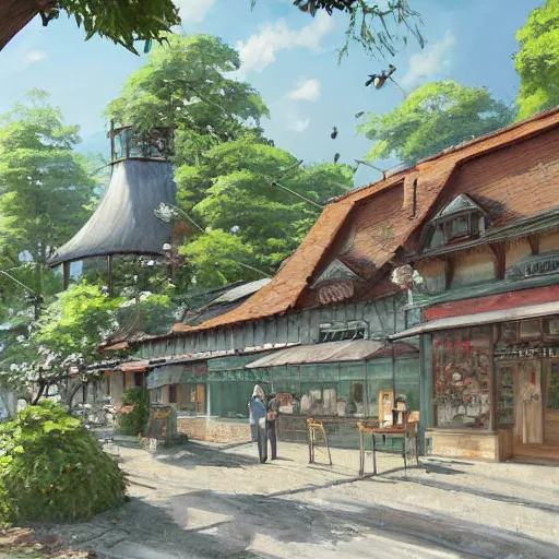 Image similar to concept art painting of a historic bakery with european and japanese architecture, in a woodland village surrounded by trees, realistic, detailed, cel shaded, in the style of makoto shinkai and greg rutkowski and james gurney