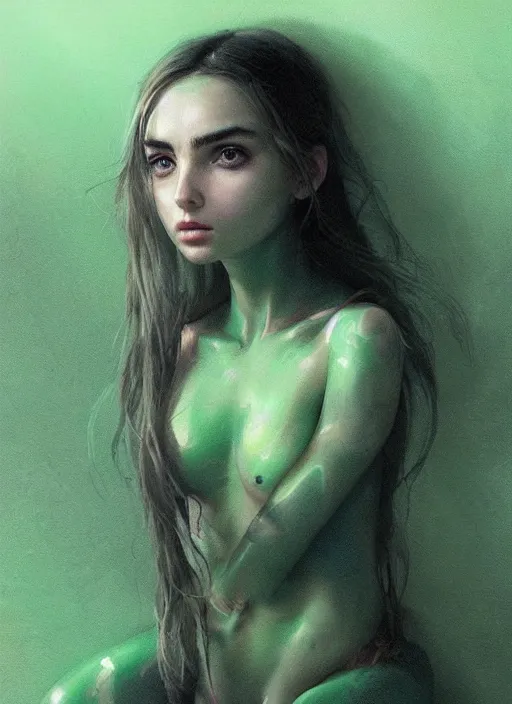 Prompt: portrait of my ethereal waifu cute innocent green slimy alien female froggy lady, ana de armas, with adorable uwu eyes painted by greg rutkowski, wlop, 7 0 s scifi