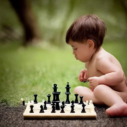 Image similar to a 2 Year Old Human Baby playing chess, national geographic photo