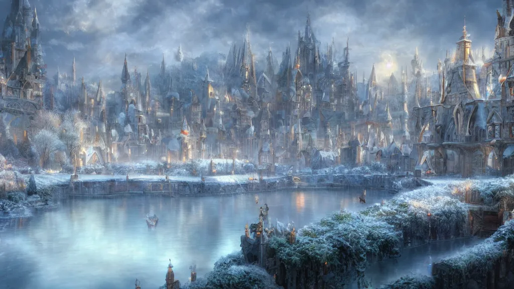 Image similar to a snow white city surrounded by a lake of holy water, fantasy artwork, very very very beautiful scenery, hd, hdr, ue5, ue6, unreal engine 5, cinematic 4k wallpaper, 8k, ultra detailed, high resolution, artstation, award winning