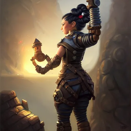 Image similar to muscular female gnome engineer artificer, iron gauntlets, short black hair, naval landscape, full body portrait, d & d, fantasy, intricate, elegant, highly detailed, digital painting, artstation, centred, rule of thirds, concept art, matte, sharp focus, illustration, cover by artgerm, art by greg rutkowski