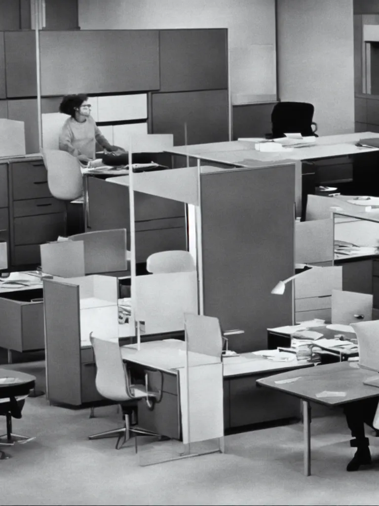 Image similar to a still of severance series indoor 7 0 s furniture office scenario appearing in a film of jacques tati