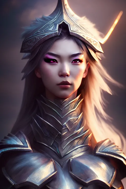 Image similar to sakimi chan, fantasy armor, detailed face, white skin, dramatic lighting, tony sart, unreal engine, wind, lightning