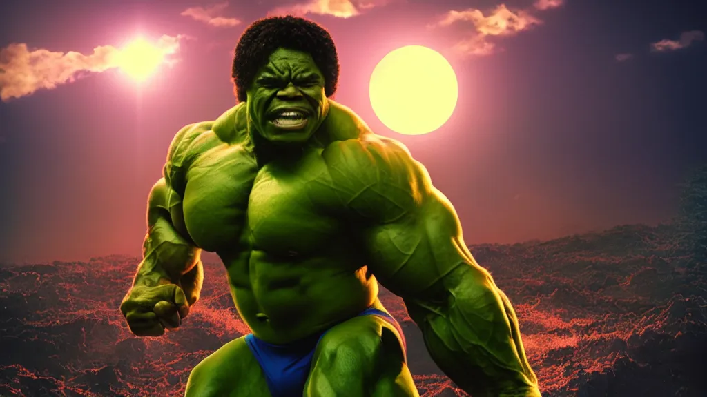 Prompt: a war between 1000s of (Bodybuilder)Obama Hulks and the Sun by Beeple, 4K