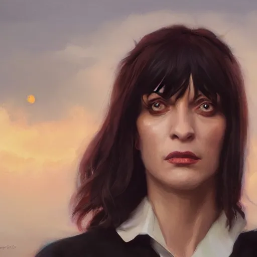 Image similar to a closeup portrait of mia wallace, dramatic light, city background, sunset, high contrast, sharp, painted by stanley lau, painted by greg rutkowski, painted by stanley artgerm, digital art, trending on artstation