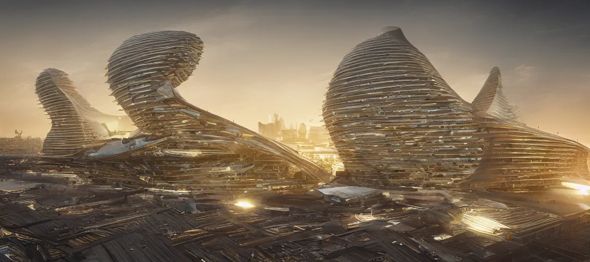 Image similar to modern beautiful Saha Hadid building, hypermaximalistic, high details, cinematic, 8k resolution, beautifully detailed, insanely intricate details, artstation trending, octane render, unreal engine, bright lit interiors, warm yellow lights, golden hour,