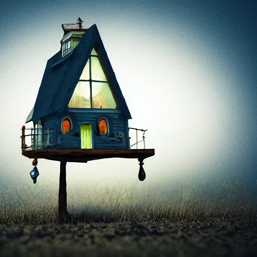 Prompt: strange tiny house by Tim Burton, dark background, volumetric lighting