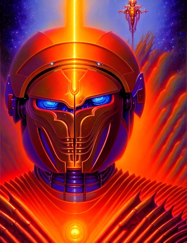 Prompt: holy saint battle robot award winning medium close - up portrait symmetry faded tetrachromacy colors astral background tim hildebrandt wayne barlowe bruce pennington donato giancola larry elmore masterpiece trending on artstation cinematic composition beautiful lighting hyper detailed!!! 8 k oil on canvas