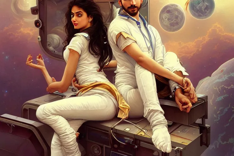 Image similar to Sensuous good looking pale young Indian doctors wearing jeans in a space station above Earth, portrait, elegant, intricate, digital painting, artstation, concept art, smooth, sharp focus, illustration, art by artgerm and greg rutkowski and alphonse mucha