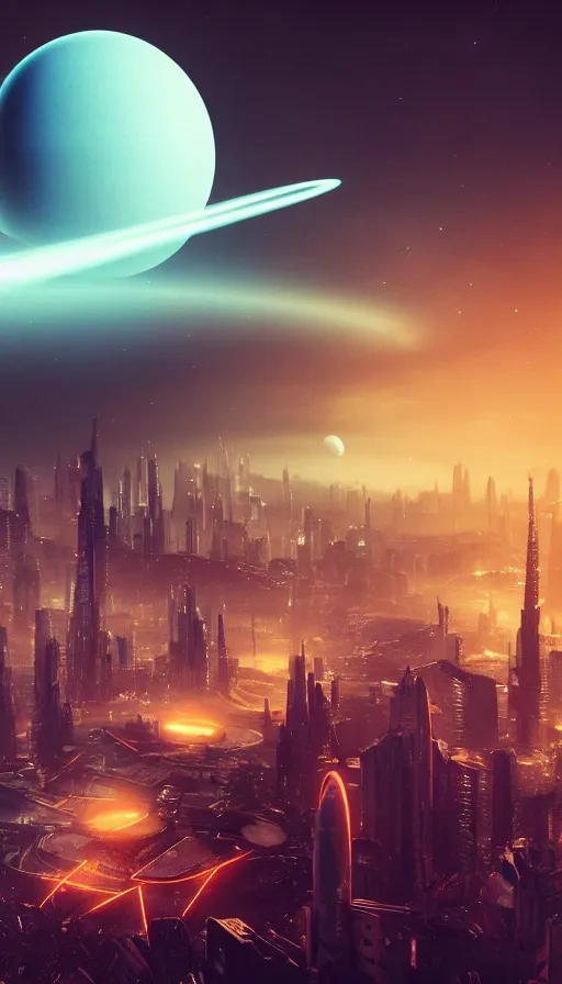 Image similar to an otherworldly futuristic Blade Runner cityscape with the planet Saturn in the background, ultra realistic, 8K