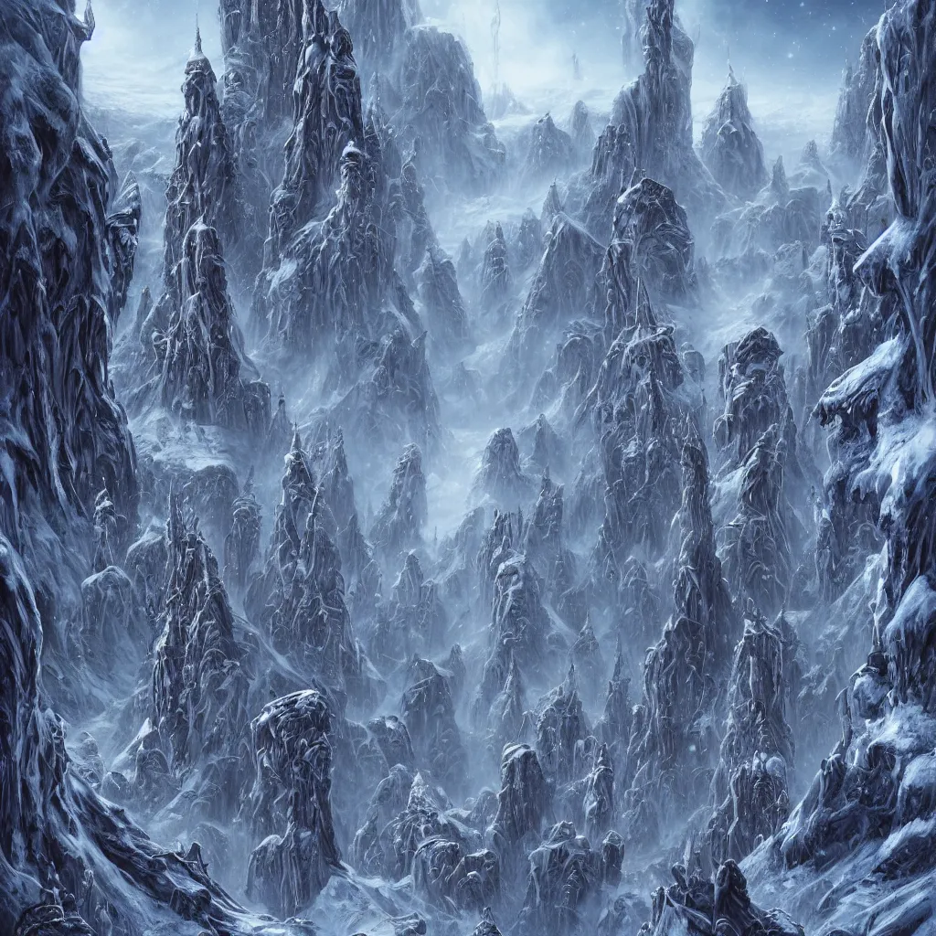 Image similar to frozen ancient alien cityscape in the mountains of antarctica, upward cinematic angle, by rodney matthews, michael kaluta, and john byrne, fantasy art, evil atmosphere, winter night aesthetics, stunning composition, alien faces, monstrous behemoth statues, intricate, strange, elegant, digital art, hyperdetailed towers, colorful hyperrealism, brilliant photorealism, masterpiece, 8k