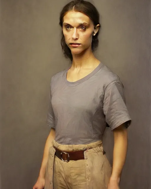 Image similar to a realistic oil painting of a girl resembling alicia vikander or millie bobby brown in an oversize t - shirt, highly detailed, intricate, artstation, by donato giancola and william adolphe bouguereau