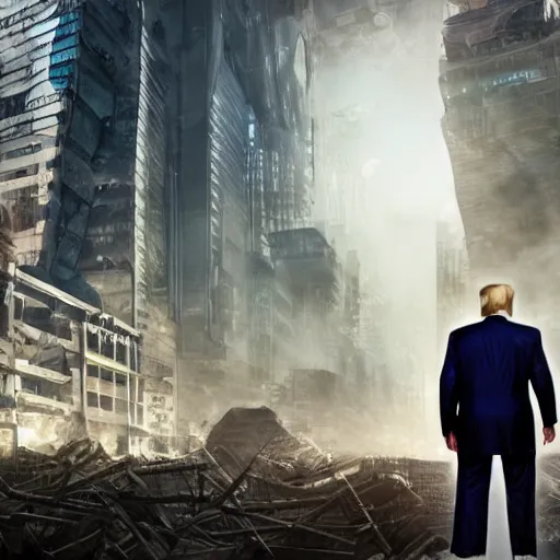 Prompt: donald trump as a giant mech walking through a dystopian city. very long red necktie. ultra realistic. high definition. wide shot. full body.