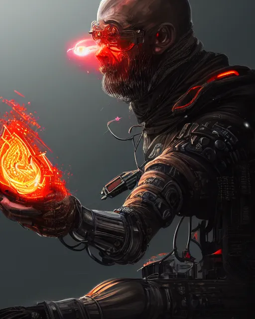 Prompt: a portrait of dark wizard casting fire - ball and shoot it, cyberpunk concept art, trending on artstation, highly detailed, intricate, sharp focus, digital art, 8 k