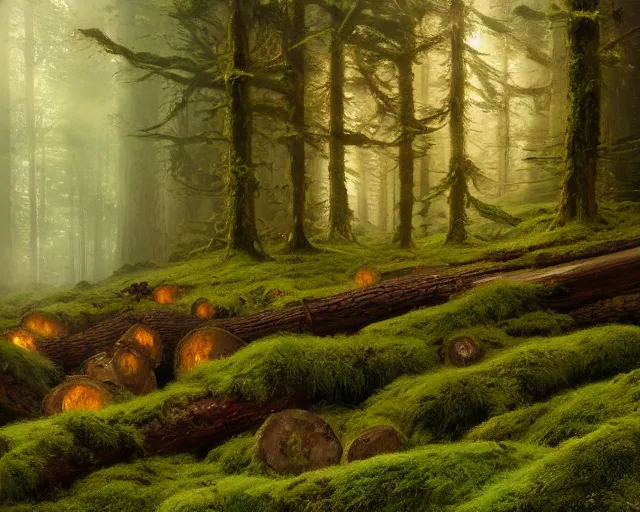 Image similar to Fantasy Oil painting of Hoh National Forest and logs covered in moss, Greg Rutkowski, National Geograpic, Trending on Artstation, Morning Glow