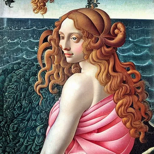 Image similar to an hyperrealistic mythological oil painting of venus with long curly brown hair, full body, wearing pink floral chiton, sleeping on a giant scallop shell, near the seashore, intricate lines, elegant, renaissance style, by sandro botticelli