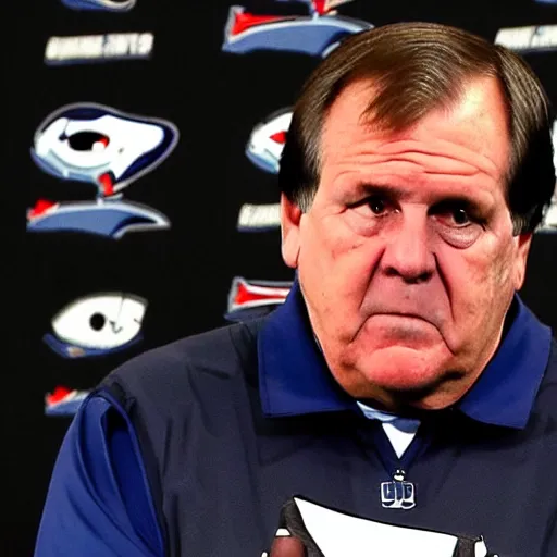 Prompt: Coach Belichick with cyborg eyes answering questions from the media about machine augmentation in football