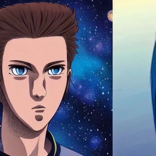 Prompt: Spirited away dark blonde hair guy with blue eyes in space, beautiful