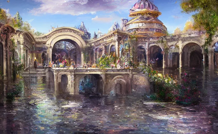 Image similar to An urban train rides inside of a waterway on a fantasy city, next to a fountain and a mystical palace. By Konstantin Razumov, Fractal flame, chiaroscuro, highly detailded