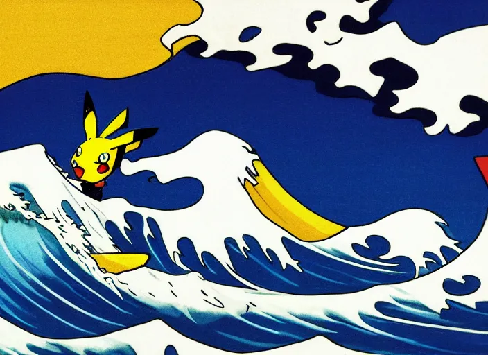 Image similar to pikachu surfing on the great wave off kanagawa