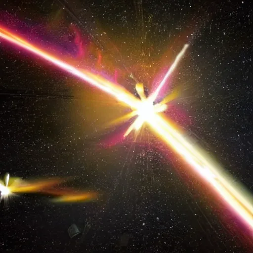 Image similar to spaceship guns shooting multiple tracers in space near earth, realistic photo from nasa
