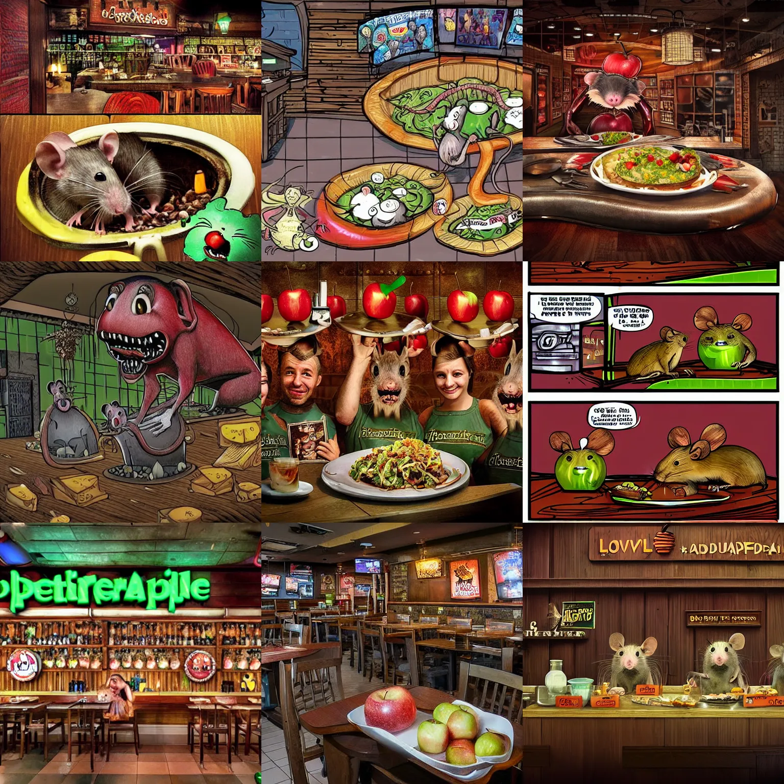 Prompt: inside a dystopian Lovecraftian ratty Applebees where smiling rat families are served rats by rat waiters, COVID virus particles are everywhere due to the harsh Applebees™️ environment that the rats have adapted to, in the style of H.R. Giger