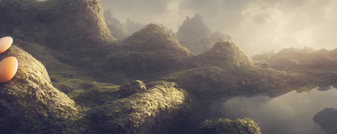 Prompt: ” otherwordly landscape with eggs covered in thick cream, [ by wlop, cinematic, detailed, epic, widescreen, opening, establishing, mattepainting, photorealistic, realistic textures, octane render ] ”