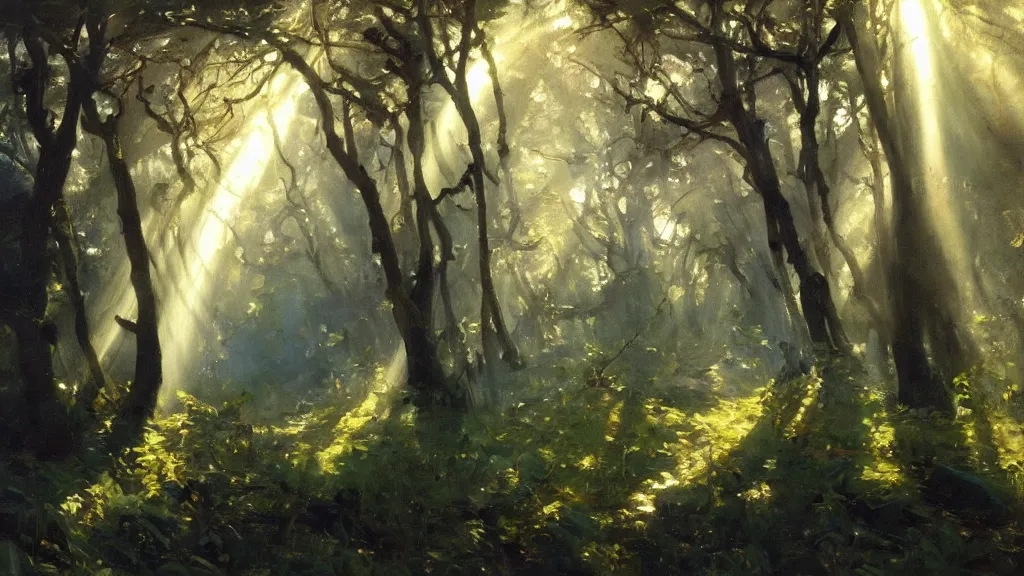 Prompt: A John Singer Sargent oil painting of a hauntingly beautiful elven forest in the morning; rays of light coming through the canopy; trending on artstation; extraordinary masterpiece!!!!!!; 8k