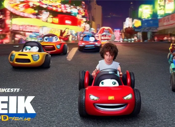 Prompt: peter dinklage racing vin diesel driving a little tikes cozy coupe cars at night tokyo, movie still, from the new fast and furious movie, 8 k, realistic