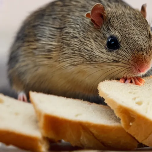 Image similar to Gerbil with its head stuck in a piece of bread