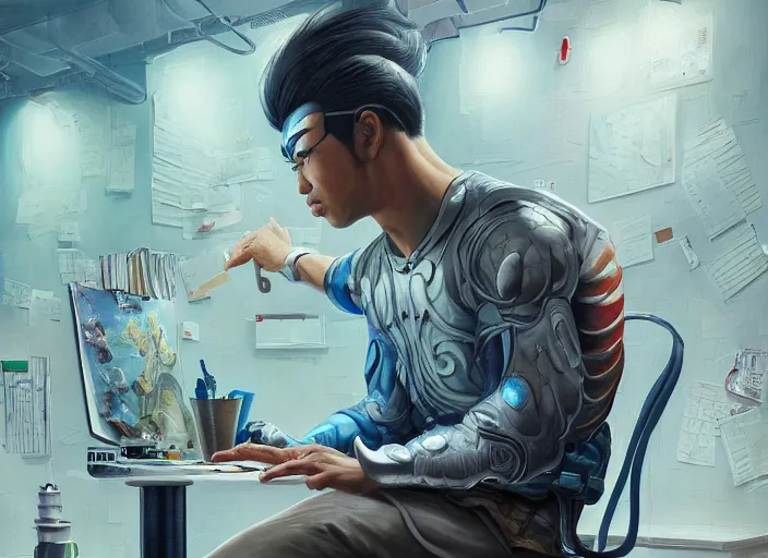 Image similar to an insanely detailed painting of an asian man wearing a homemade superhero costume, sitting at a desk, staring seriously at the computer and typing, in the style of peter mohrbacher, james jean, artgerm, dramatic lighting and composition, surreal background, octane render, pixar, trending on artstation, concept art, comic book, view from behind, 8 k