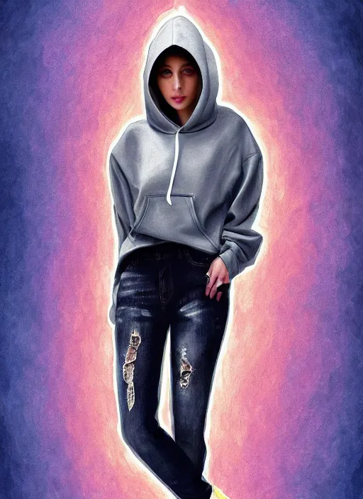 Image similar to lady gaga,, gray hoodie, jeans, tiara, half body shot, path traced, highly detailed, high quality, digital painting, alena aenami, leonid afremov, lilia alvarado, shinji aramaki, karol bak, alphonse mucha, tom bagshaw